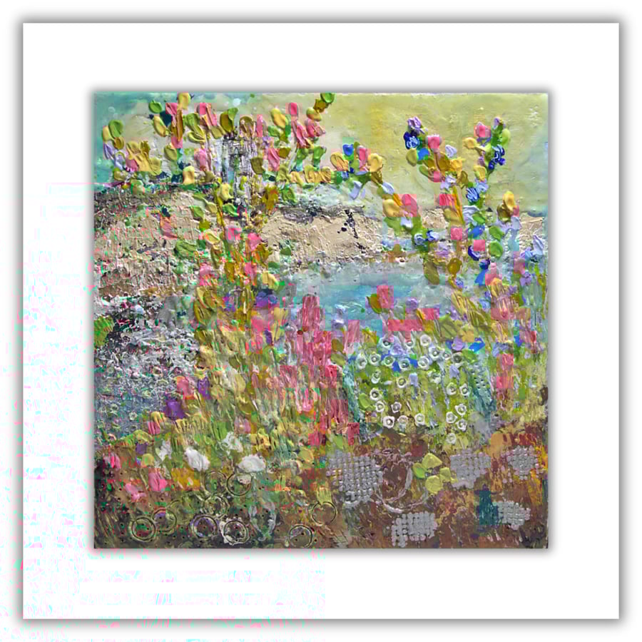 Framed encaustic oil painting - Scottish coast - landscape - wildflowers