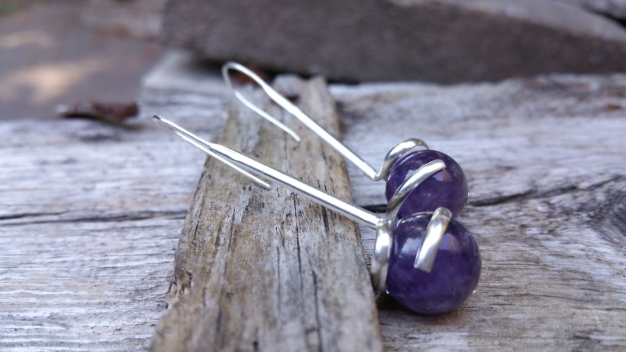 Purple Amethyst Sterling Silver Earrings, Long Sterling Silver Earrings, Dangle 