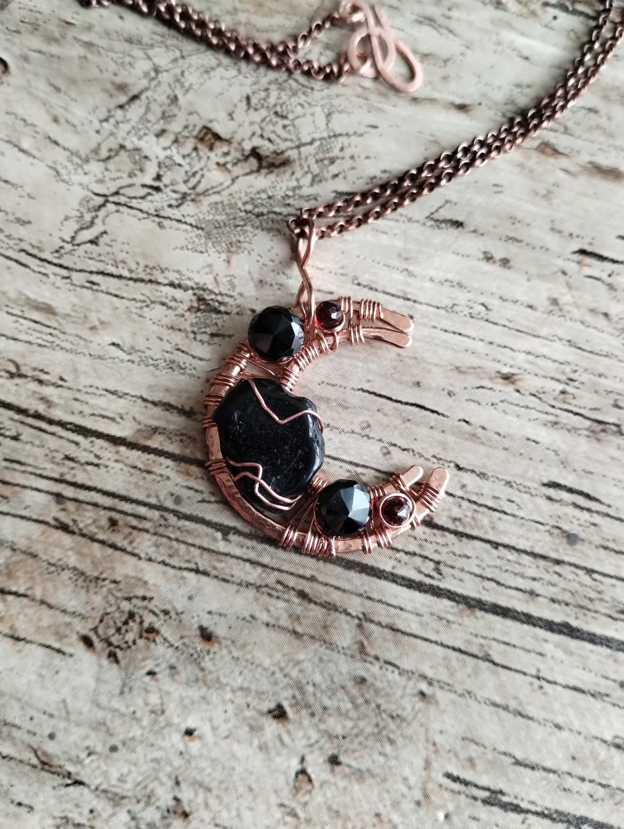 Whitby Jet Garnet Spinel Copper Multi Gemstone Crescent Moon Goth Pendant