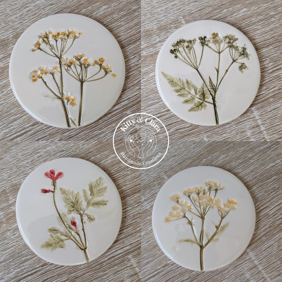 Set of 4 Handmade Botanical Pressed Ceramic Coasters