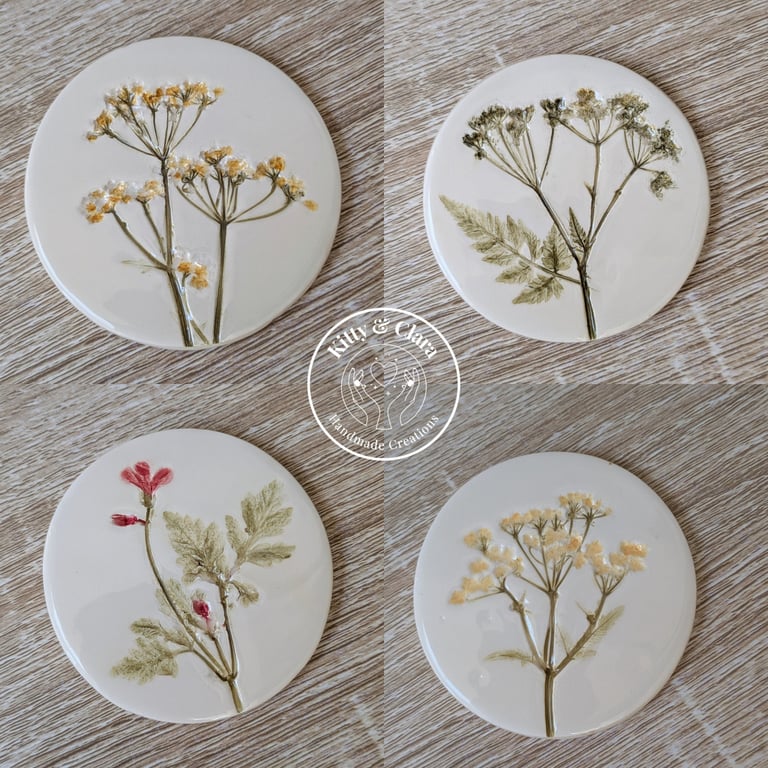 Set of 4 Handmade Botanical Pressed Ceramic Coasters