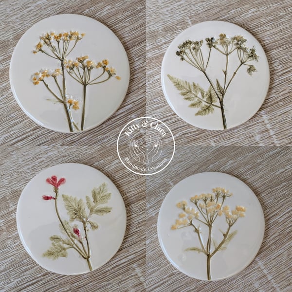 Set of 4 Handmade Botanical Pressed Ceramic Coasters