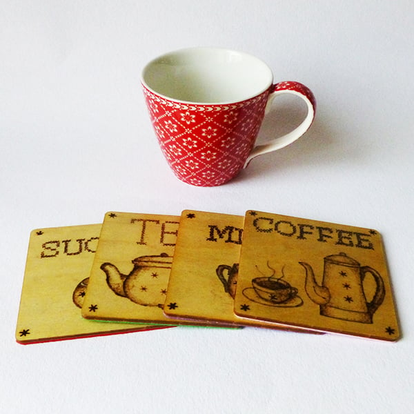 Coasters,Coffee, tea, wooden, pyrography, set of four