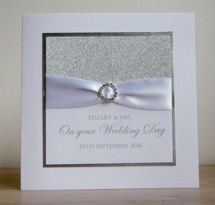 Personalised Handmade Wedding Card with Glimmer Panel and Diamante Buckle