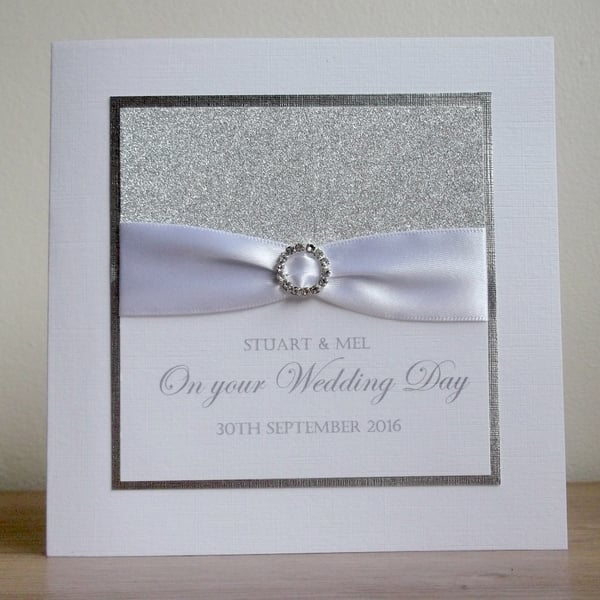 Personalised Handmade Wedding Card with Glimmer Panel and Diamante Buckle
