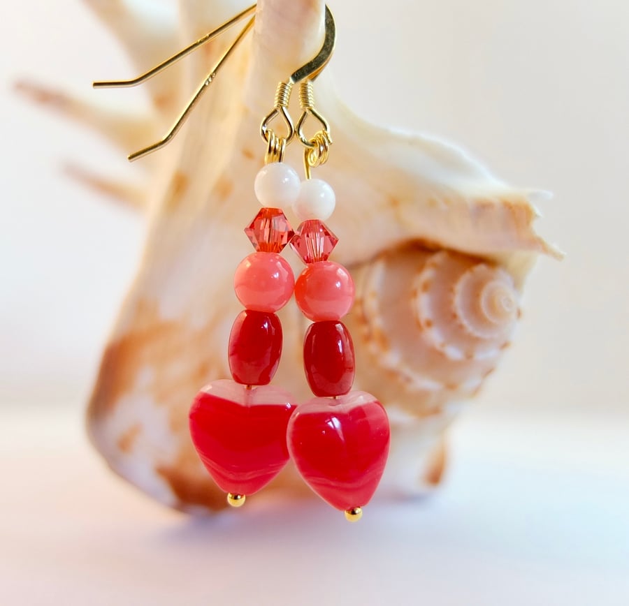 Red Glass Heart, Coral and Swarovski Crystal Earrings - Seconds Sunday