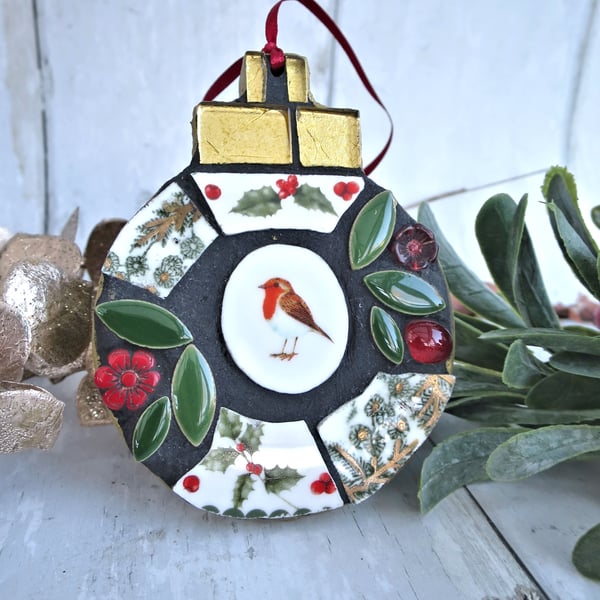 Christmas Mosaic Bauble, Original Wall Art, Handcrafted Festive Home Decor, 