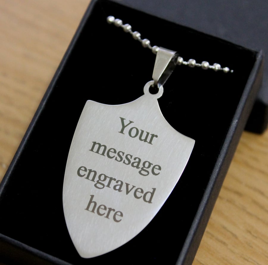 Mens Engraved Necklace Shield Pendant  Personalised Jewellery Birthday Gifts