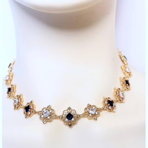 Sapphire Crystal Gold Choker, Regency Necklace