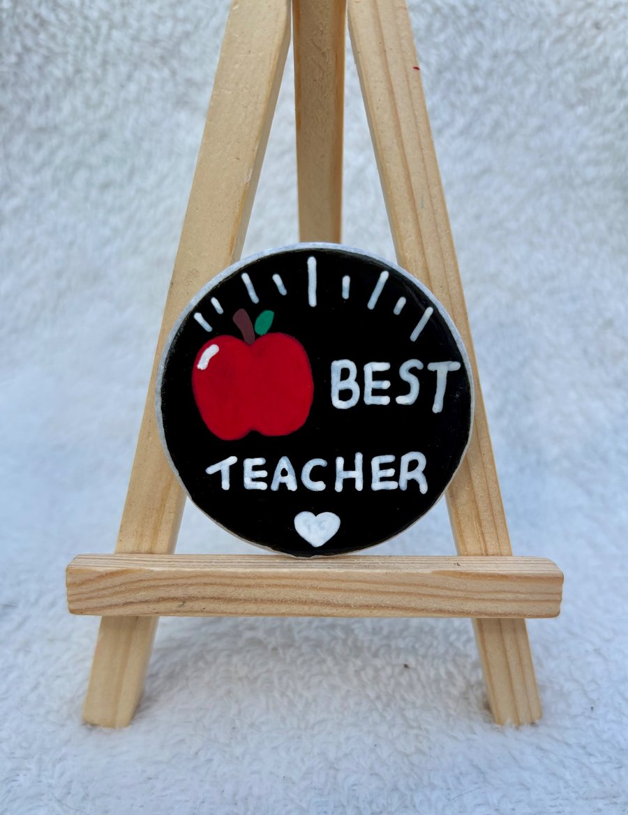Best Teacher Hand-Painted Rock Fridge Magnet – Apple Design