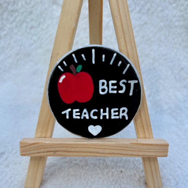 Best Teacher Hand-Painted Rock Fridge Magnet – Apple Design