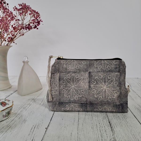 Hand Printed Linen Zipped Cosmetic Bag