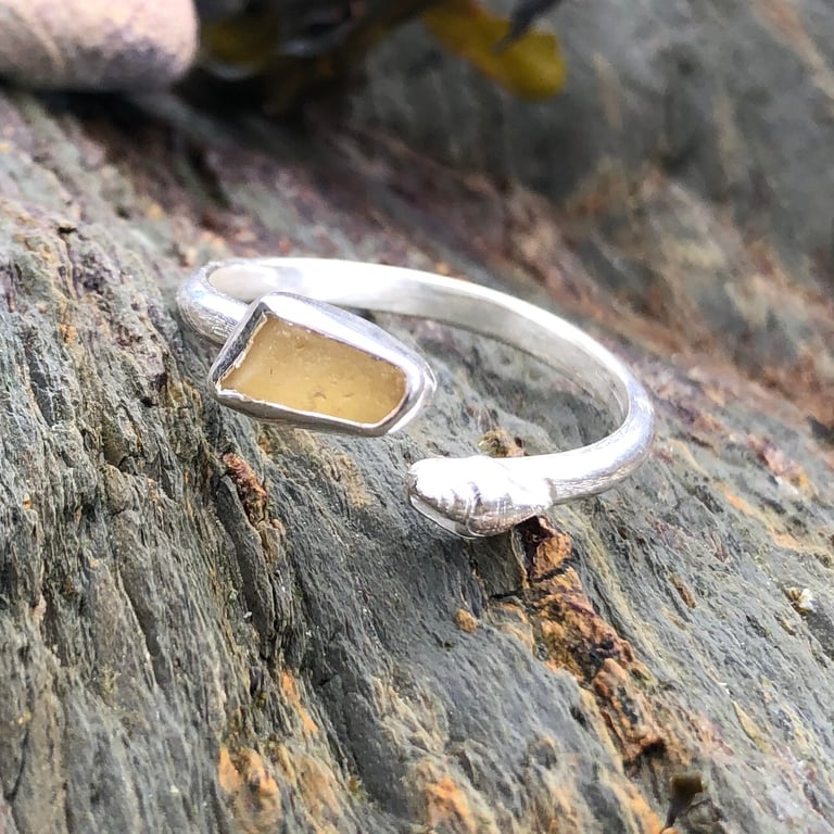 Yellow Sea Glass and Sterling Silver Spiral Adjustable Ring - 1168