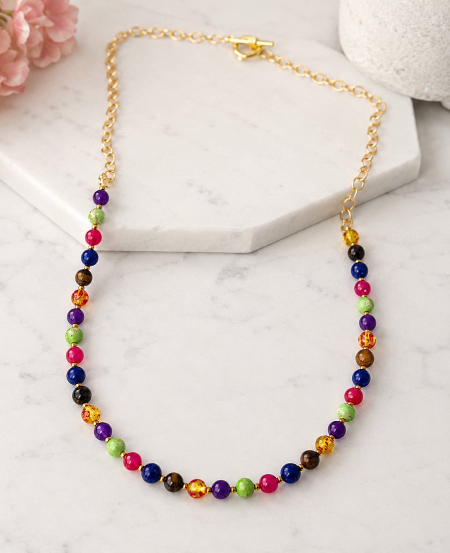 Image of Colourful Long Beaded Necklace – Handmade Statement Jewellery – 30 Inch Necklace