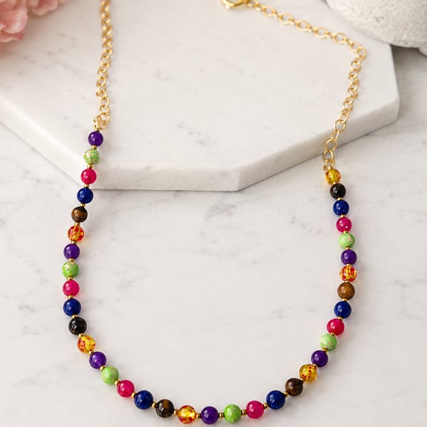 Colourful Long Beaded Necklace – Handmade Statement Jewellery – 30 Inch Necklace