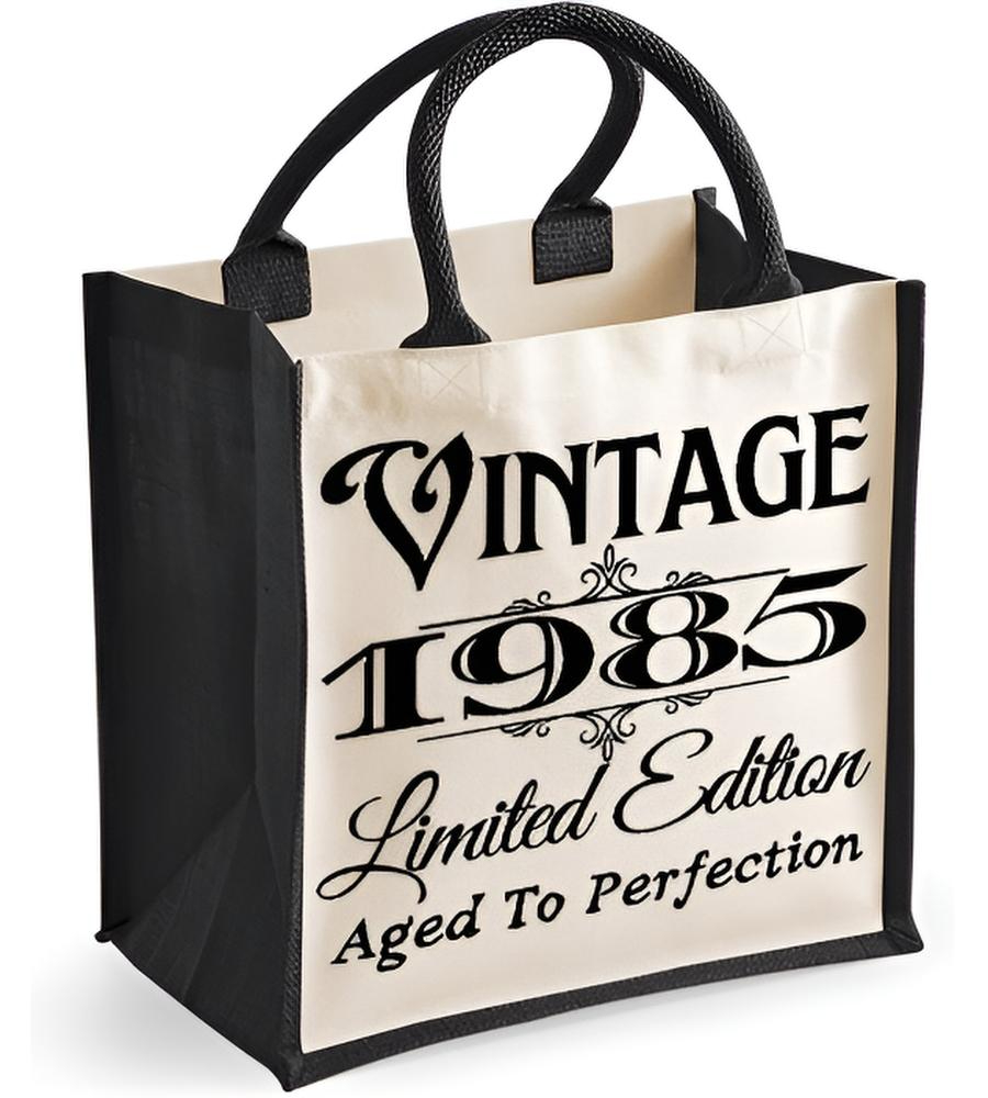 Personalised Year Midi Birthday Jute Bag Vintage (enter year) aged to perfection