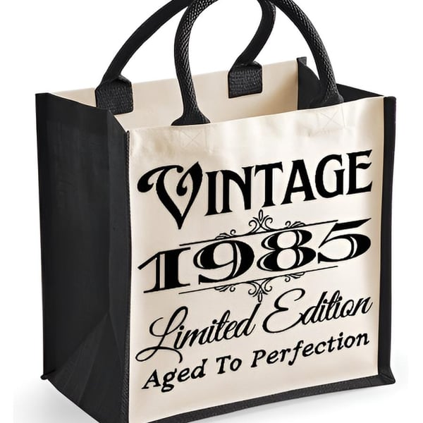 Personalised Year Midi Birthday Jute Bag Vintage (enter year) aged to perfection