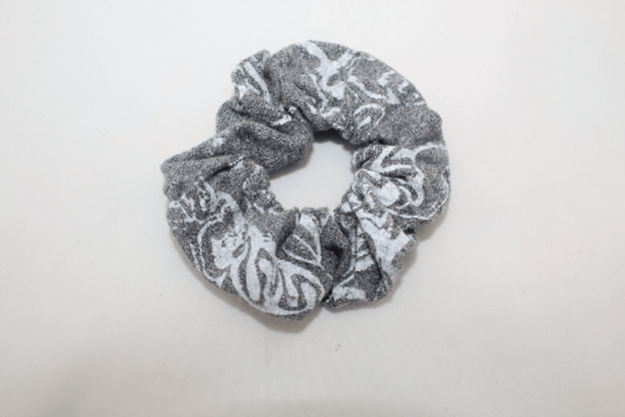 Grey hair scrunchie, hair accessory,grey and white hand printed Eco gift