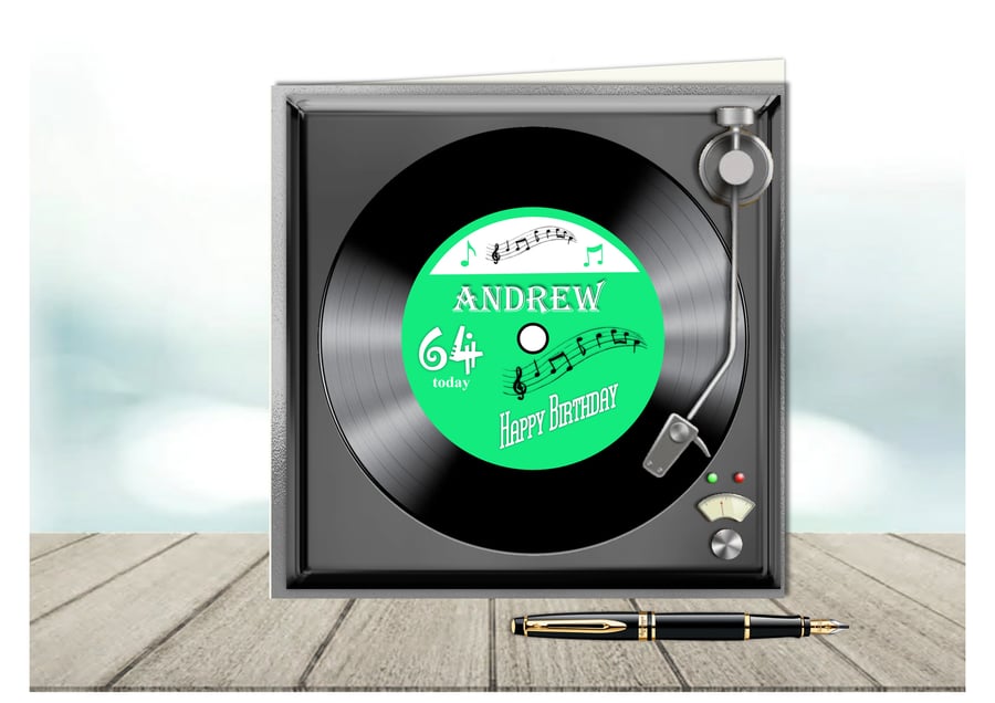 Personalised Vinyl Record on turntable birthday card with green label 