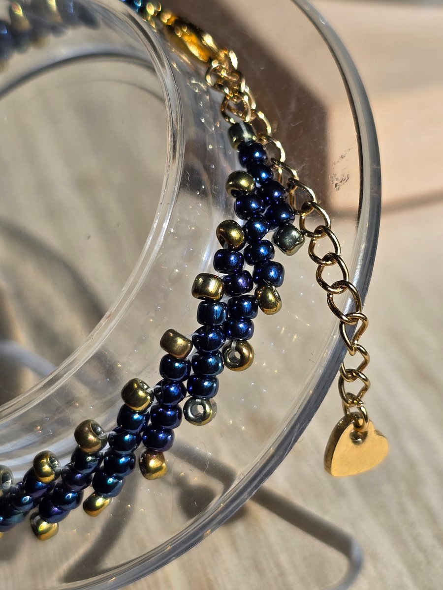 Blue and Gold Toho Seed Beaded Bracelet with gold heart extension chain