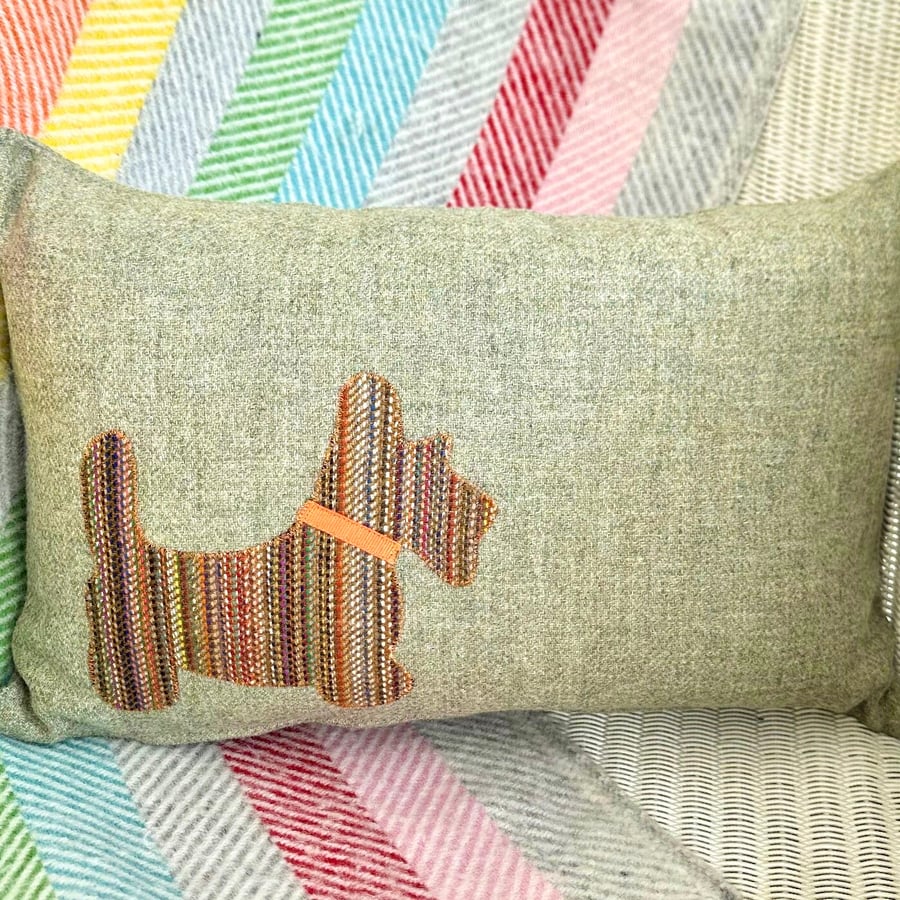 Tweed Appliqué Dog Scatter Cushion with Pad, Sage 46x30cm