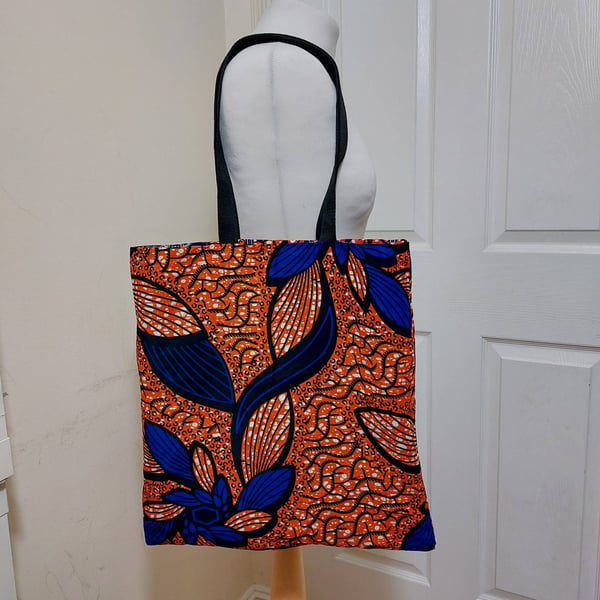 brown reusable African wax prints Ankara fabric tote bag,