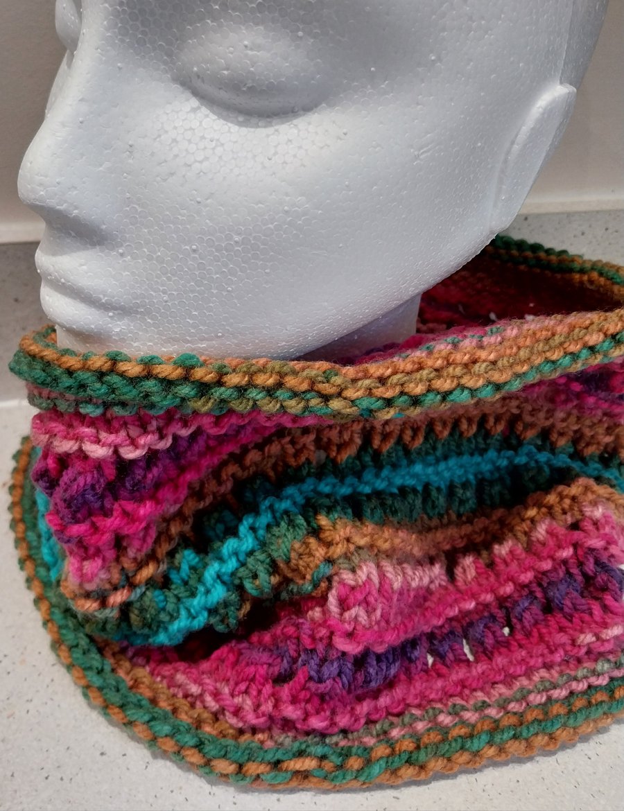 Handknit Vegan Chunky Circular Cowl Bright Multi