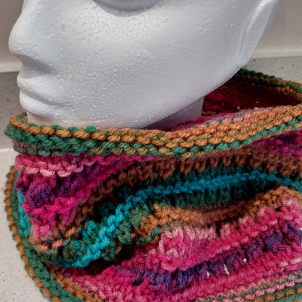 Handknit Vegan Chunky Circular Cowl Bright Multi