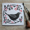 Blackbird and Hawthorn Berries Christmas Card, original hand-pulled linoprint