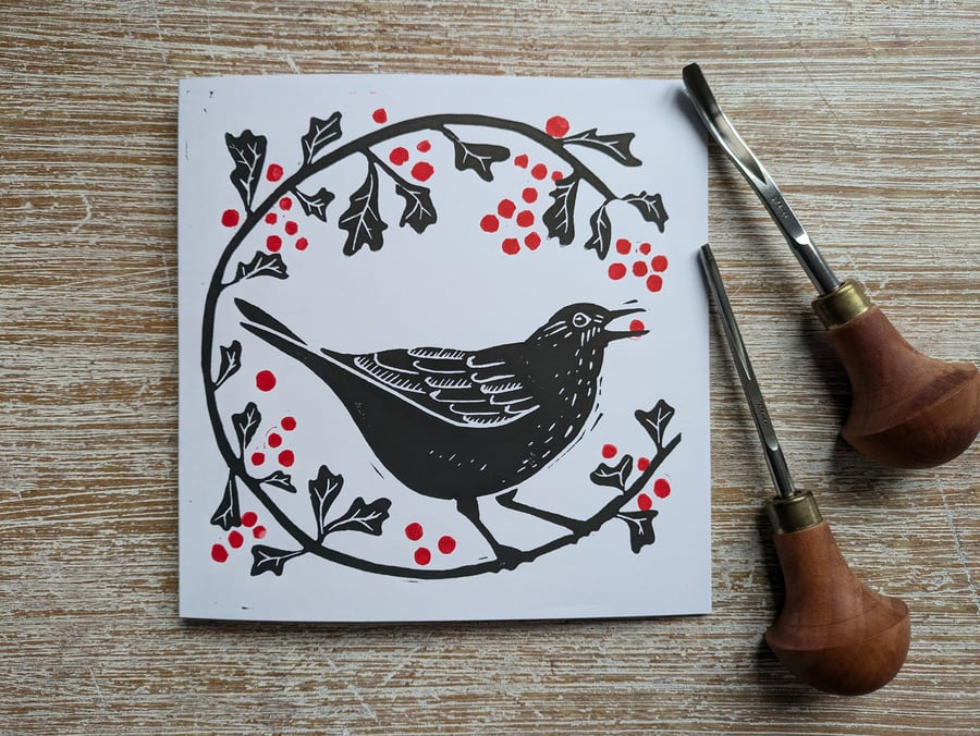 Blackbird and Hawthorn Berries Christmas Card, original hand-pulled linoprint