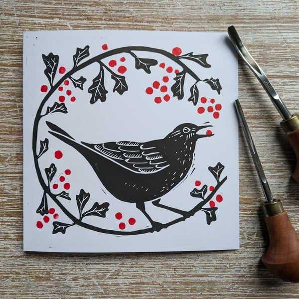 Blackbird and Hawthorn Berries Christmas Card, original hand-pulled linoprint