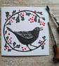 Blackbird and Hawthorn Berries Christmas Card, original hand-pulled linoprint