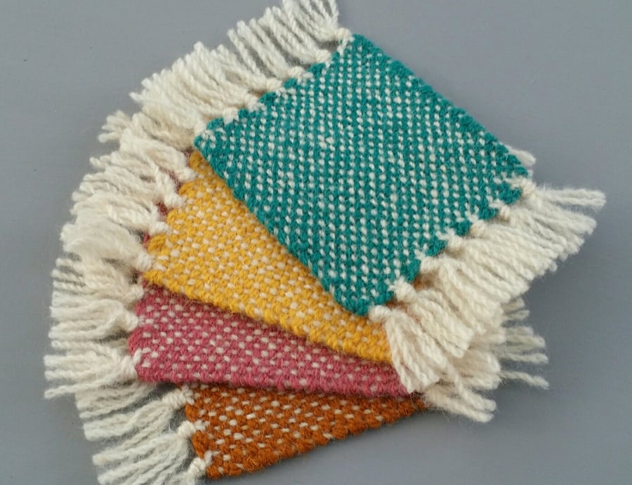 Hand Woven Wool Coasters - Set of 4 - Pink, Gold, Turquoise, Yellow