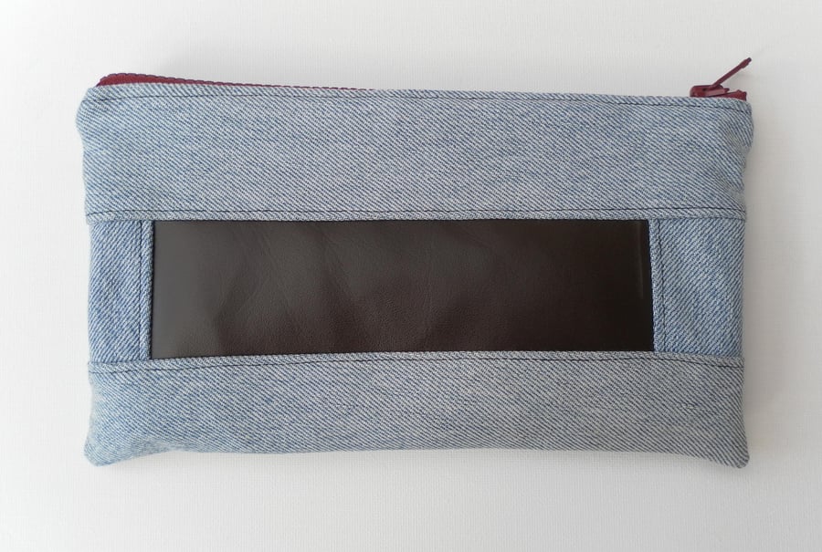 Toiletries Bag, Recycled Levi Denim, Brown Leatherette