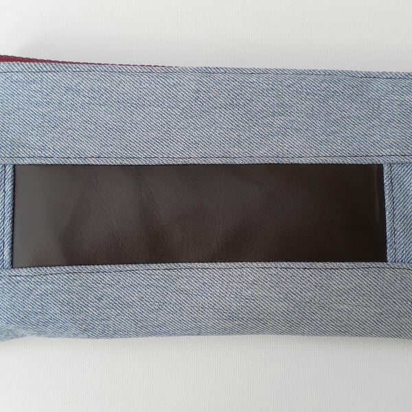 Toiletries Bag, Recycled Levi Denim, Brown Leatherette