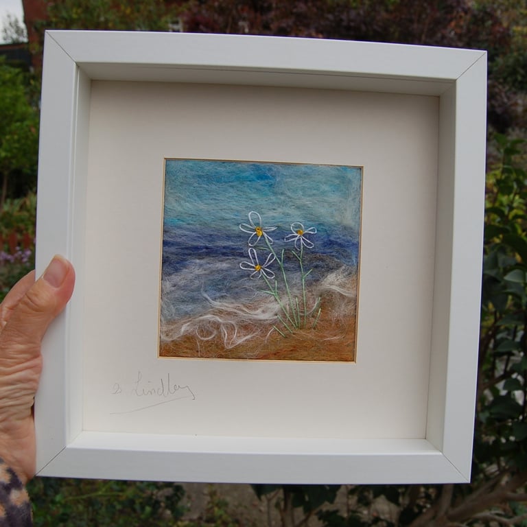 Coastal Art Textile wool and hand embroidered  framed picture - Whispering Waves