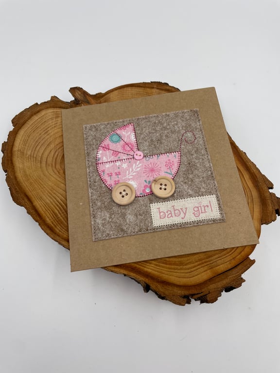 Cute pink pram appliqué card for new baby