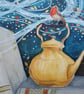 Robin perched on a teapot amongst books original art - Image 2