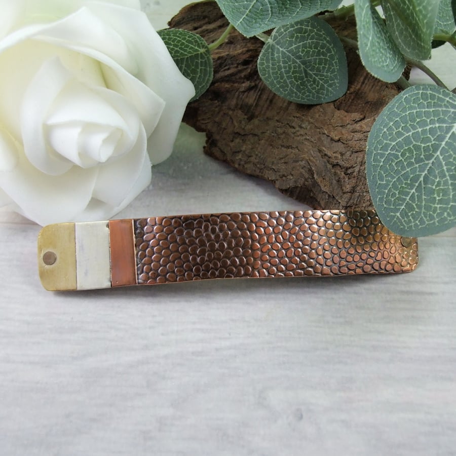 Hair Barrette, Long Copper Hair Slide with Geometric Mixed Metals Stripe Pattern