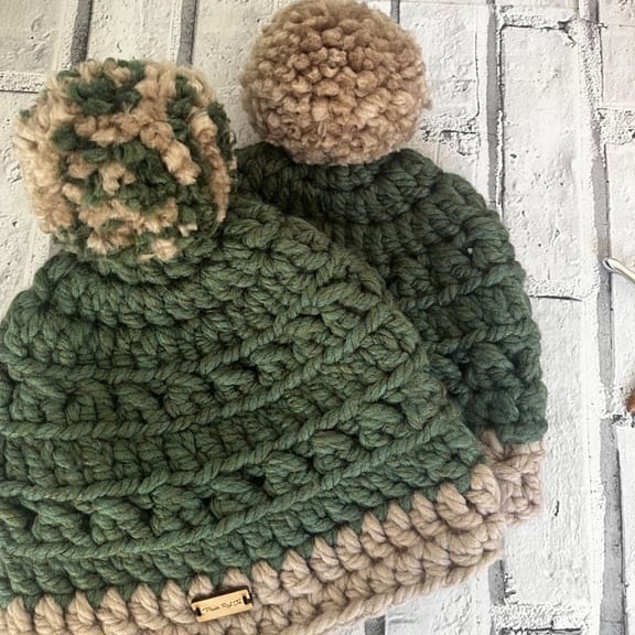 Green & Tan Bobble Beanies