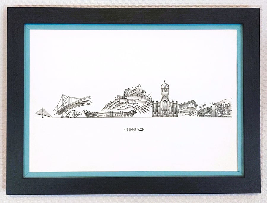 Edinburgh Cityscape Handmade Unique Framed A3 Print Sky Blue Border Wallart Gift