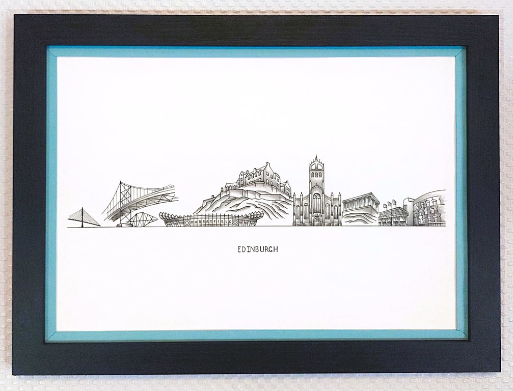 Edinburgh Cityscape Handmade Unique Framed A3 Print Sky Blue Border Wallart Gift