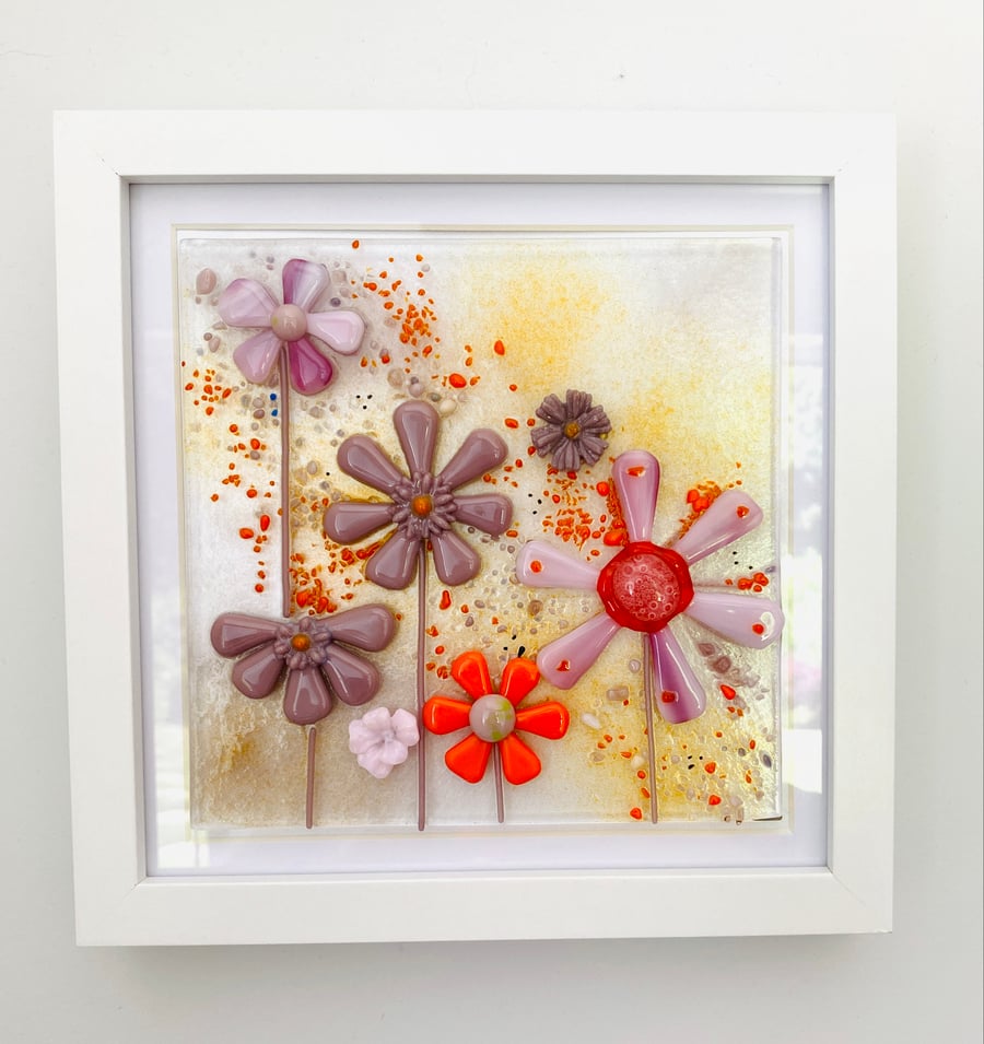 Fused glass pink and orange flowers, fused glass picture