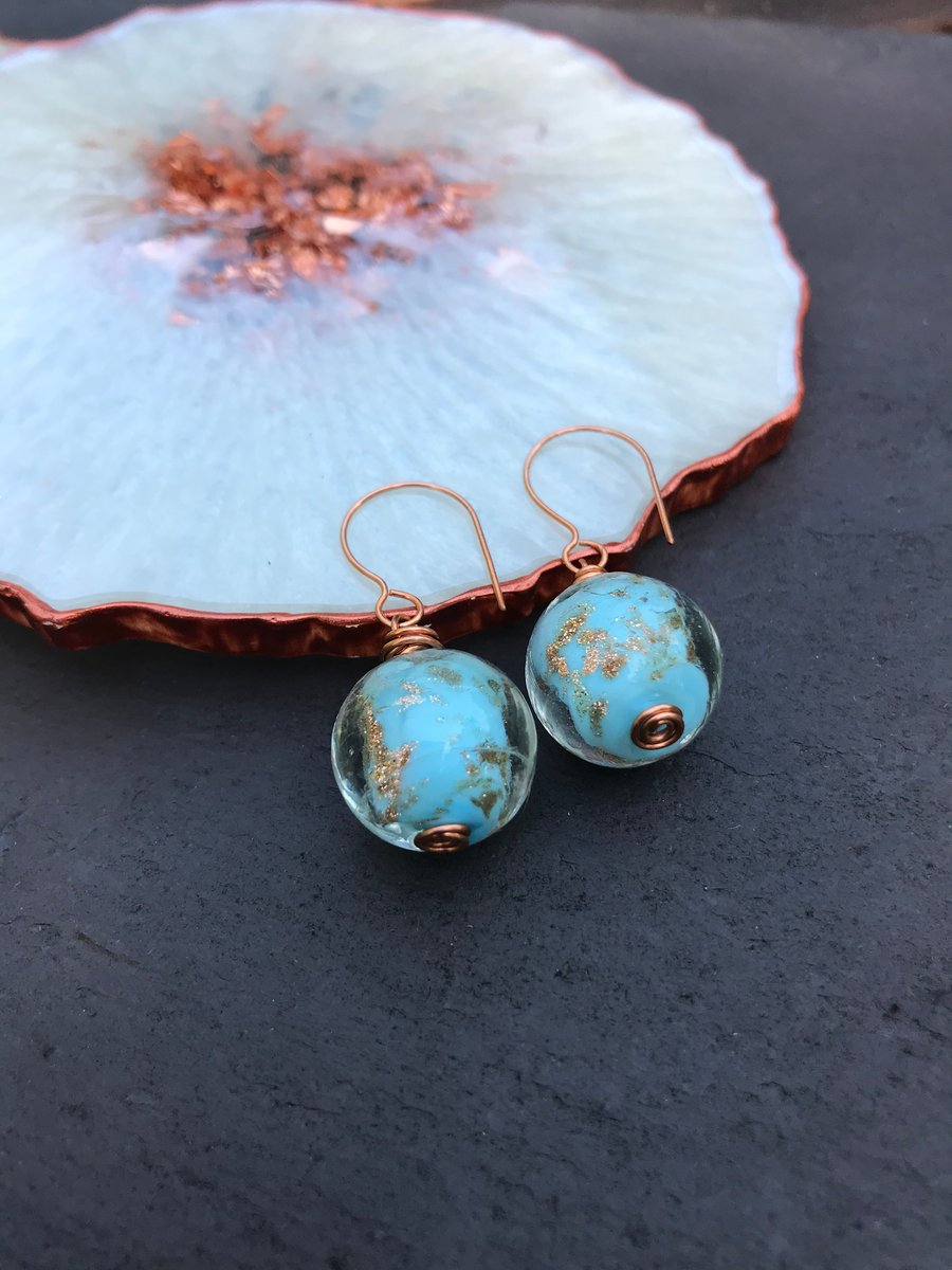 CUSTOM LISTING for ROW Aqua & Copper Glass Lampwork Bead Earrings