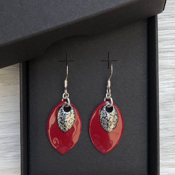 Red & mottled black enamel scale earrings. Sterling silver. 