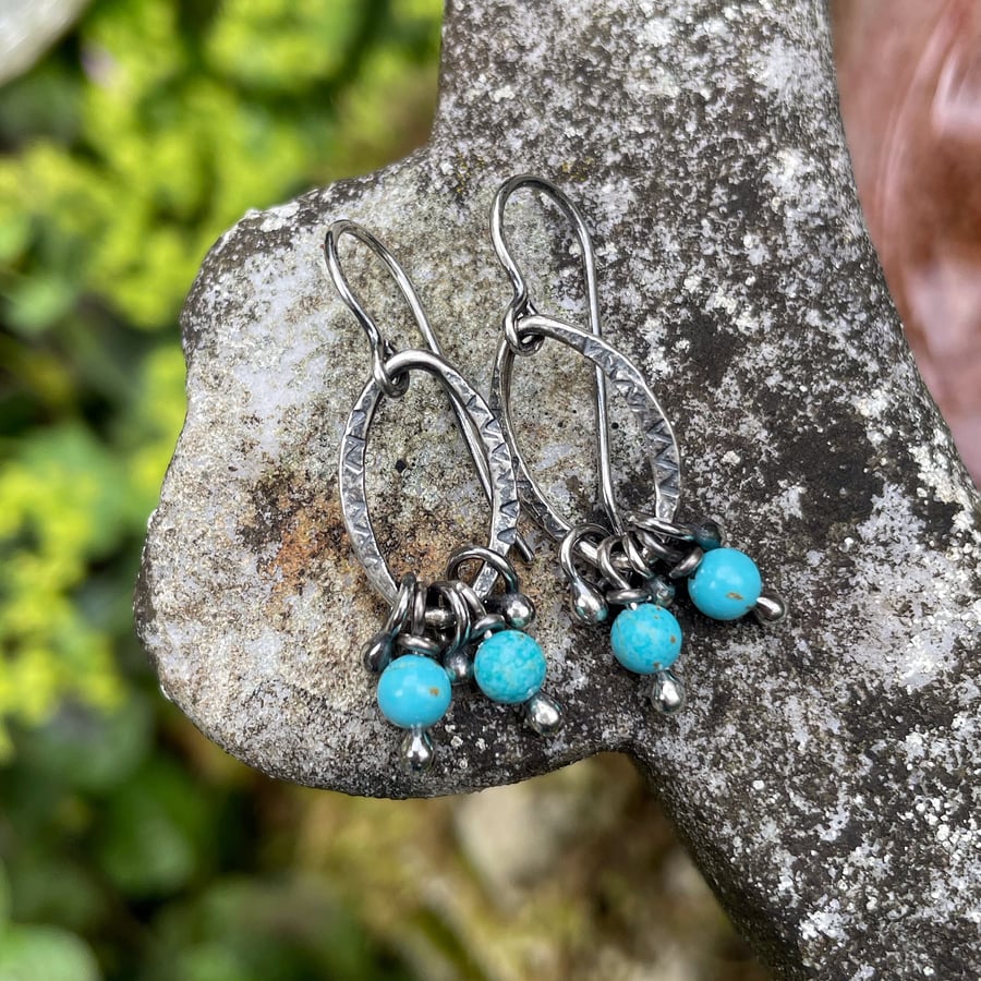 Oxidised sterling silver and turquoise turquenite small dangly earrings
