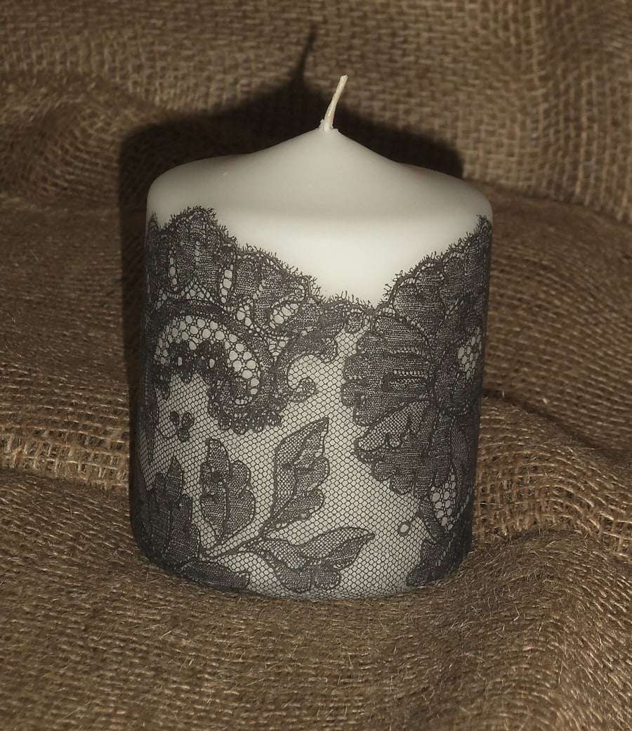 Decorated candle Black White Lace napkin decoupage Ladies Delicate Unusual 4"