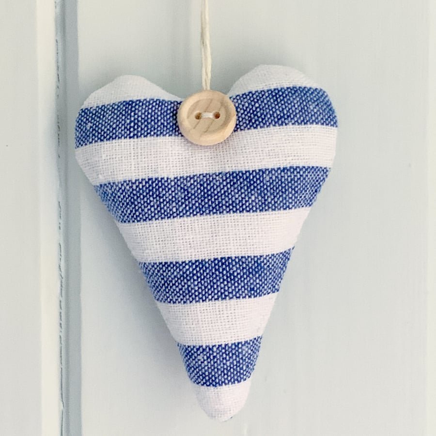 LINEN LAVENDER HEART - blue and white stripes, long heart shape