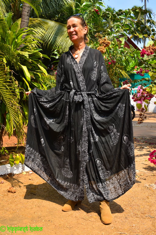 Beautiful Hindu Print Long Sleeve Kimono Dress Festival Clothing, Travel Dresses