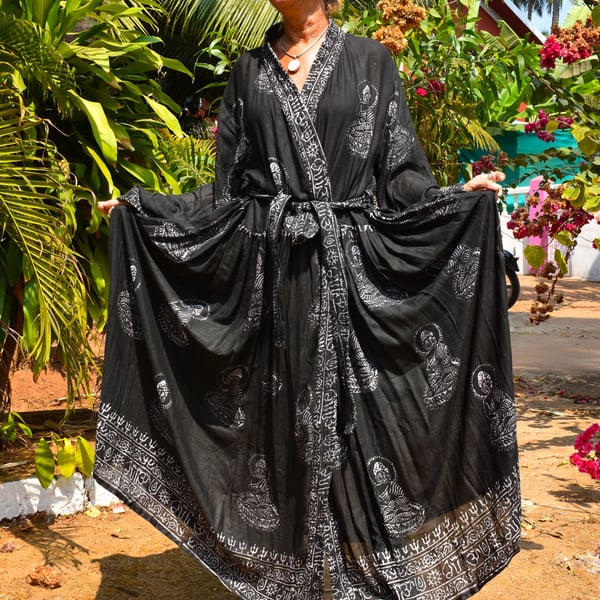 Beautiful Hindu Print Long Sleeve Kimono Dress Festival Clothing, Travel Dresses